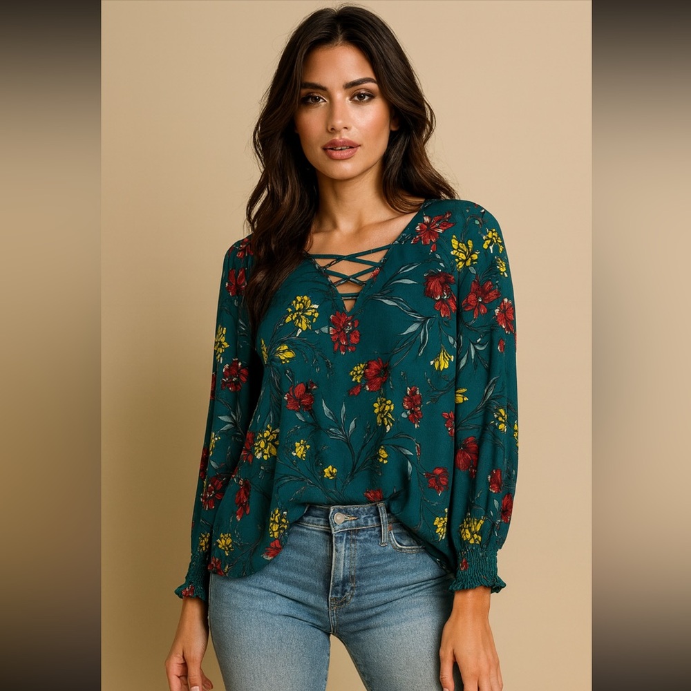 Teal Floral Blouse-Excellent used condition
